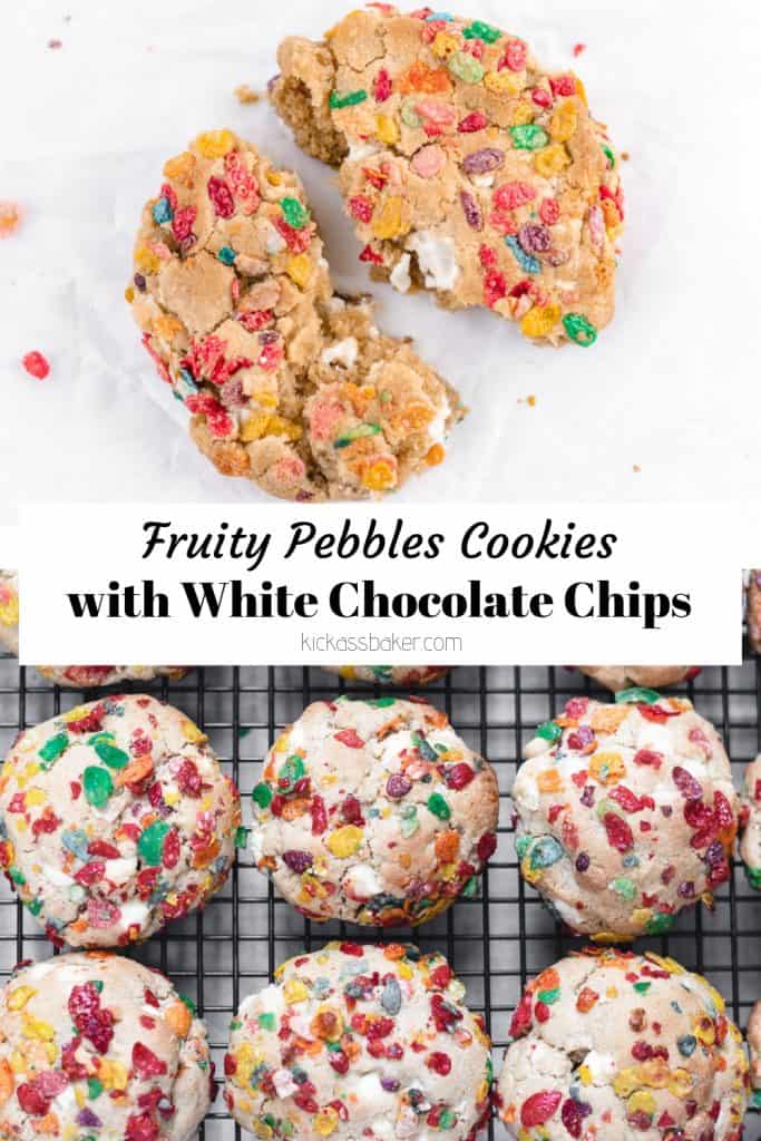 Fruity Pebbles cookies with white chocolate chips | kickassbaker.com #kickassbaker #cerealmilk #cookies #fruitypebbles #cereal #whitechocolatechips #breakfasttreats #cookierecipes #fruitypebblerecipes
