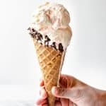 White Chocolate Peppermint Ice Cream in a chocolate dipped waffle cone