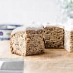 end piece of banana snack cake showing off