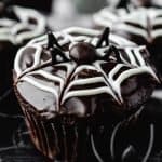 Close up image of halloween spider cupcakes