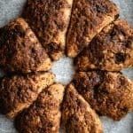 Overhead of banana scones on a tray just baked