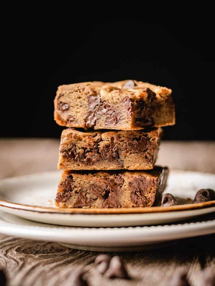 stack of three blondies on a plate