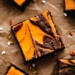 close up of orange and black cream cheese swirled brownie for Halloween