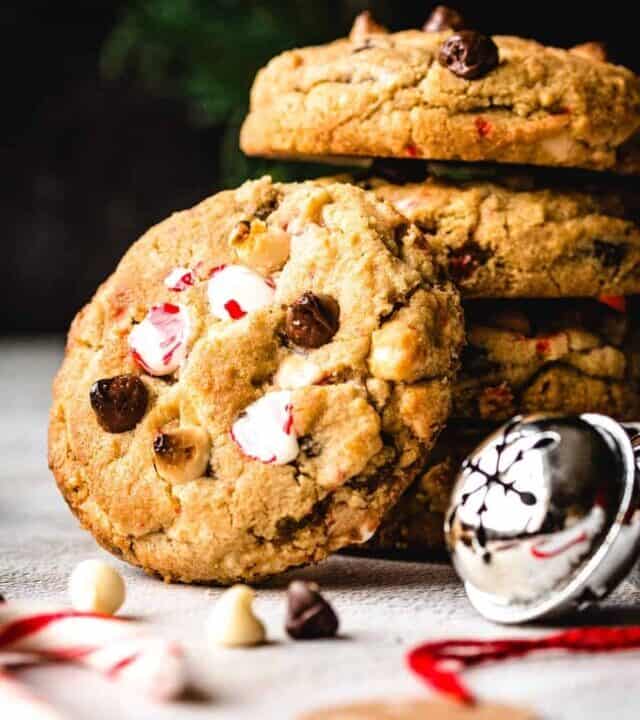 close up of white chocolate peppermint chocolate chip cookie