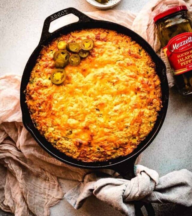 jalapeno cheddar cornbread in a skillet