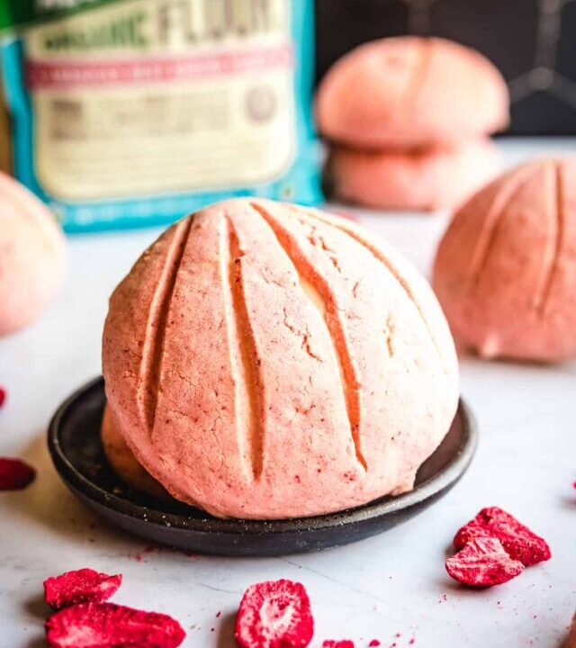 close up of strawberry concha