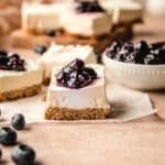The creamy no bake cheesecake filling is perfect with the blueberry topping and crunchy pretzel crust.