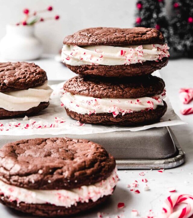 These chocolate sandwich cookies are the perfect vessel for the peppermint marshmallow creme.