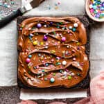 One layer chocolate cake recipe with fudgy chocolate buttercream.