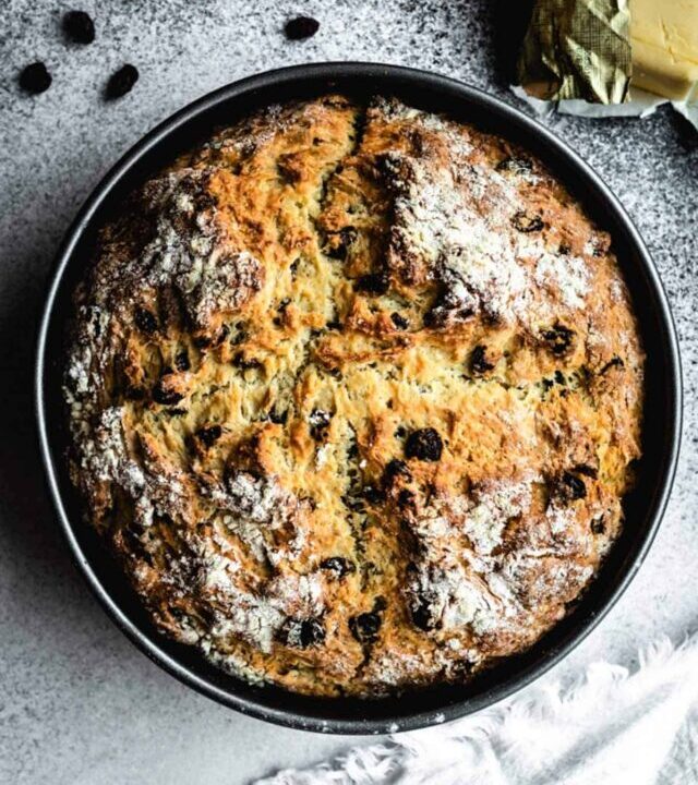 Irish Soda Bread baked in a round tin.