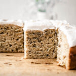 Perfect banana snack cake with a thick layer of frosting.