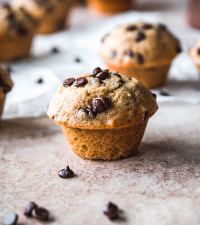 Mini chocolate chip muffin with mini chocolate chips around.