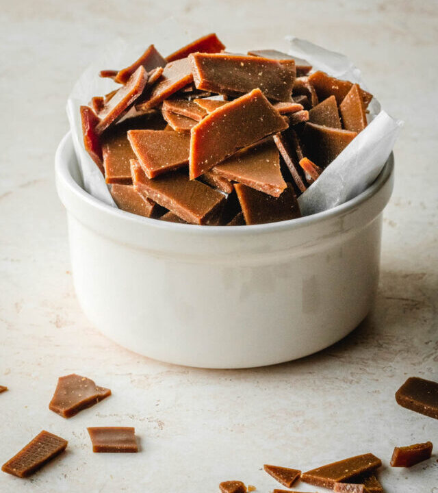 Buttery toffee bits in a bowl.