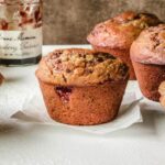 Bakery style lemon ricotta muffin with raspberry jam.