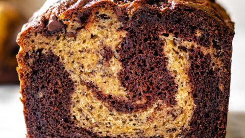 Slice of marbled chocolate banana bread.