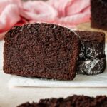 Moist crumb of chocolate pound cake made in a loaf pan.