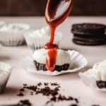 Drizzle salted caramel on mini oreo cheesecake bites before serving.