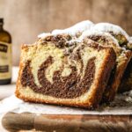 Beautiful marbled vanilla chocolate pound cake made in a loaf pan.