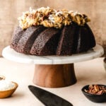 German Chocolate Pound Cake made in a bundt pan.