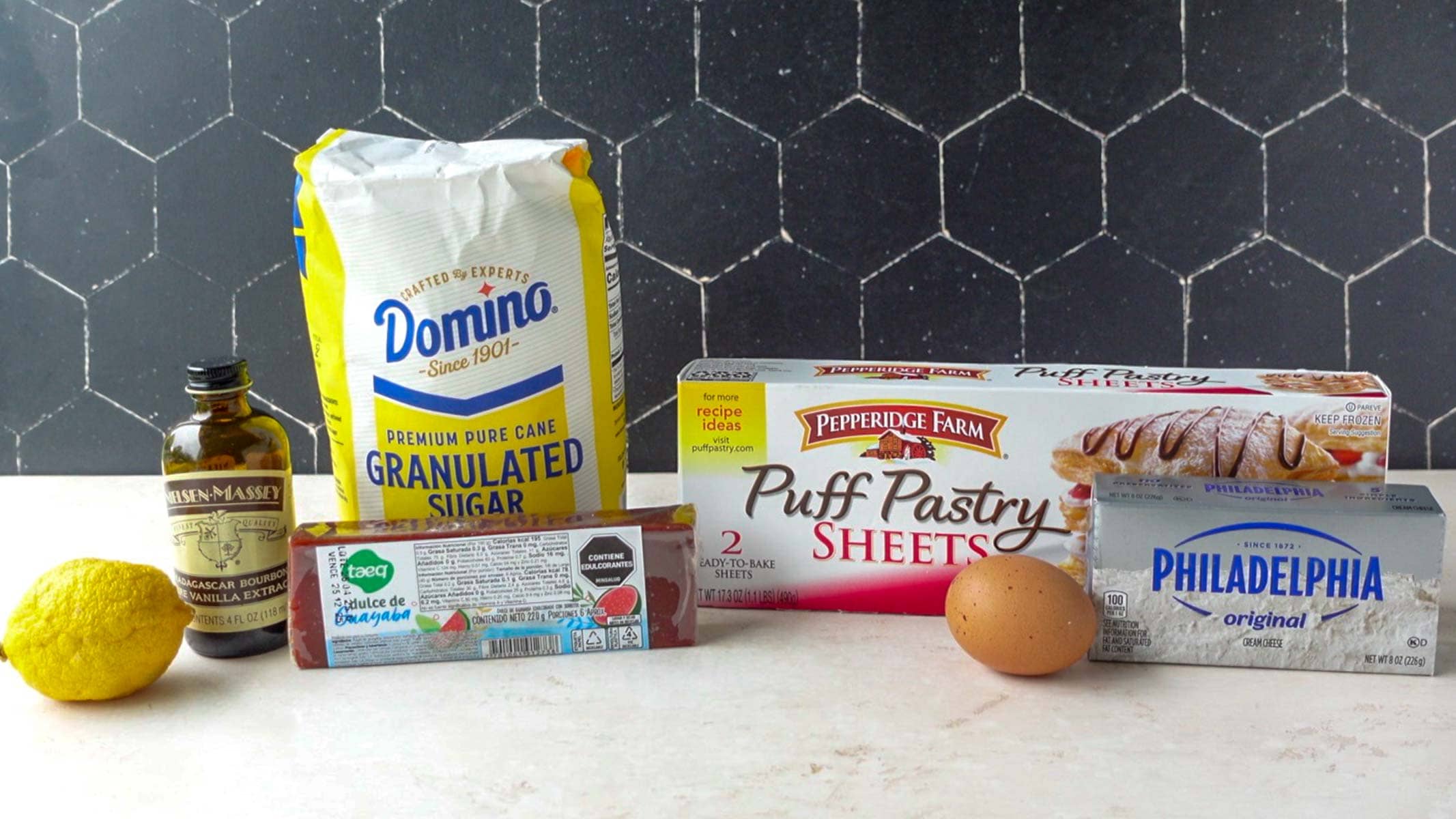 Ingredients needed to make puff pastry braid with guava cream cheese filling.