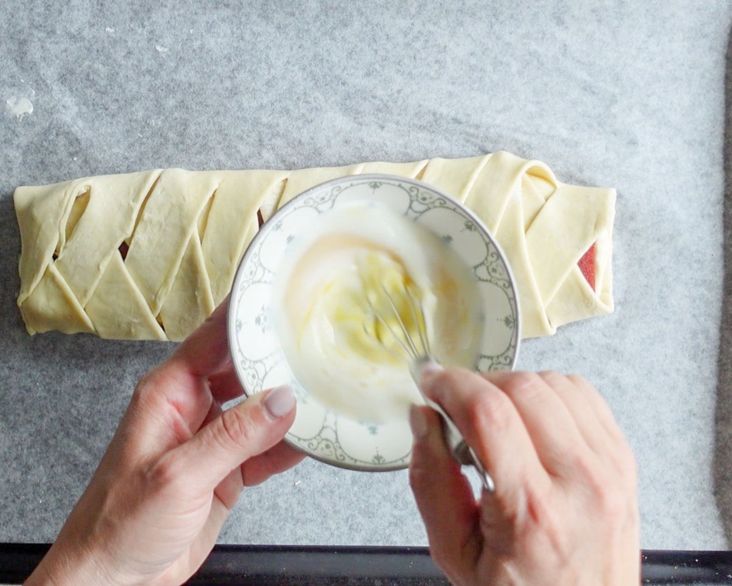 Whisk together the egg and milk to make an egg wash.